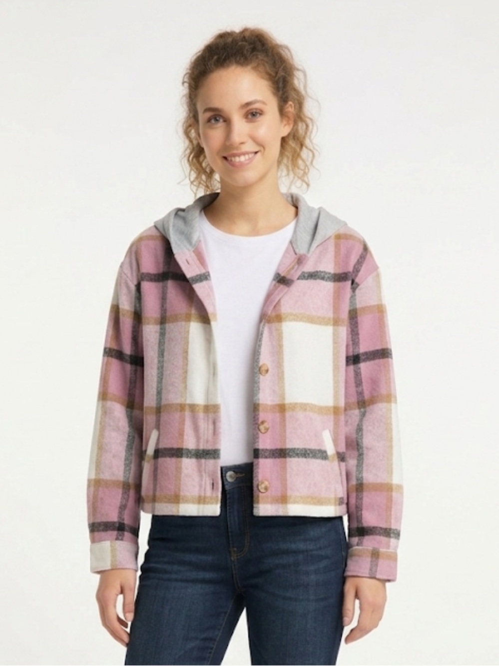 Pink Plaid Hooded Button-Down Shacket Jacket - Size Small